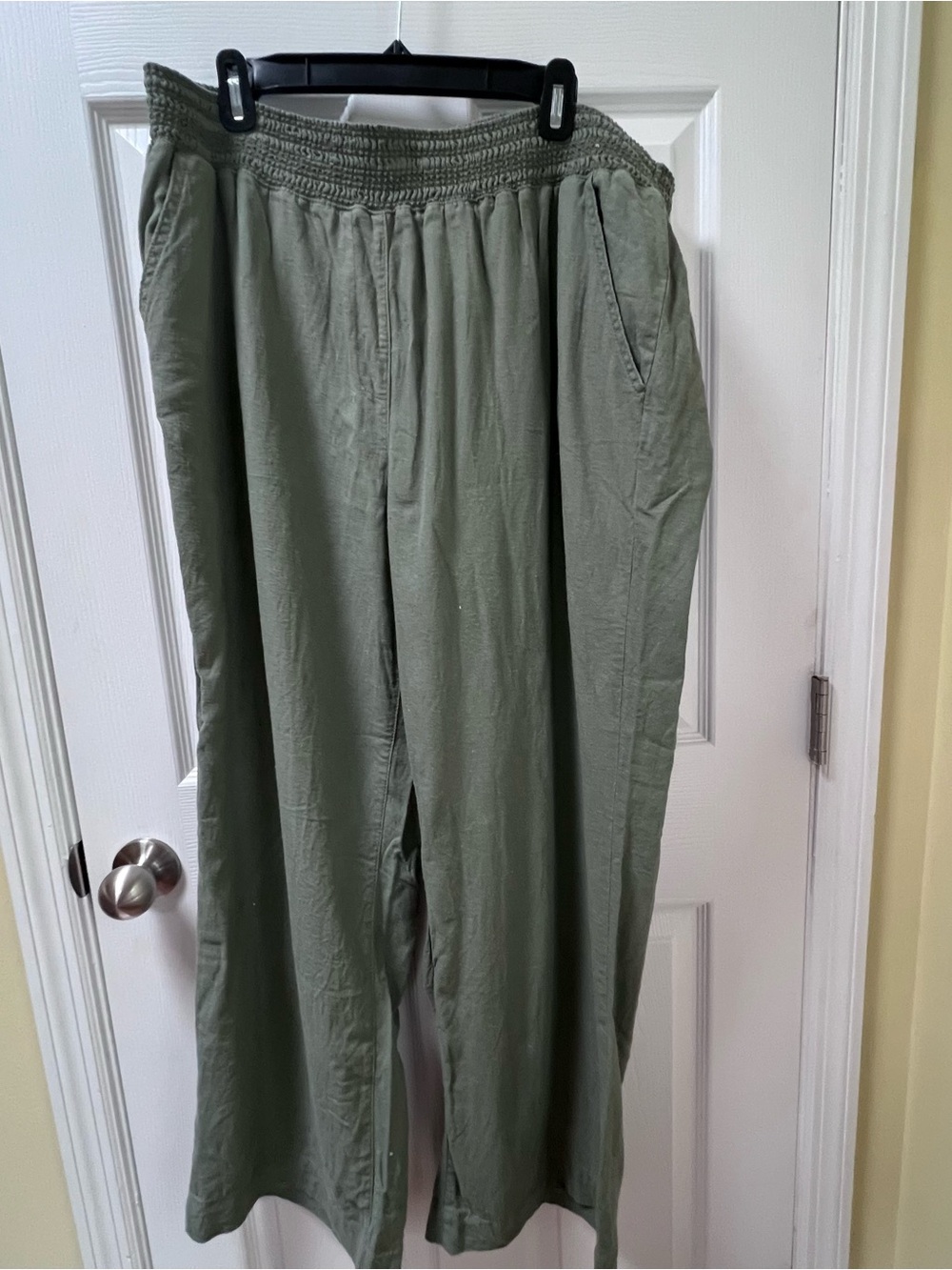 Olive Green Linen Blend Wide Leg Pants Elastic Waist Pockets Size XXL Coastal